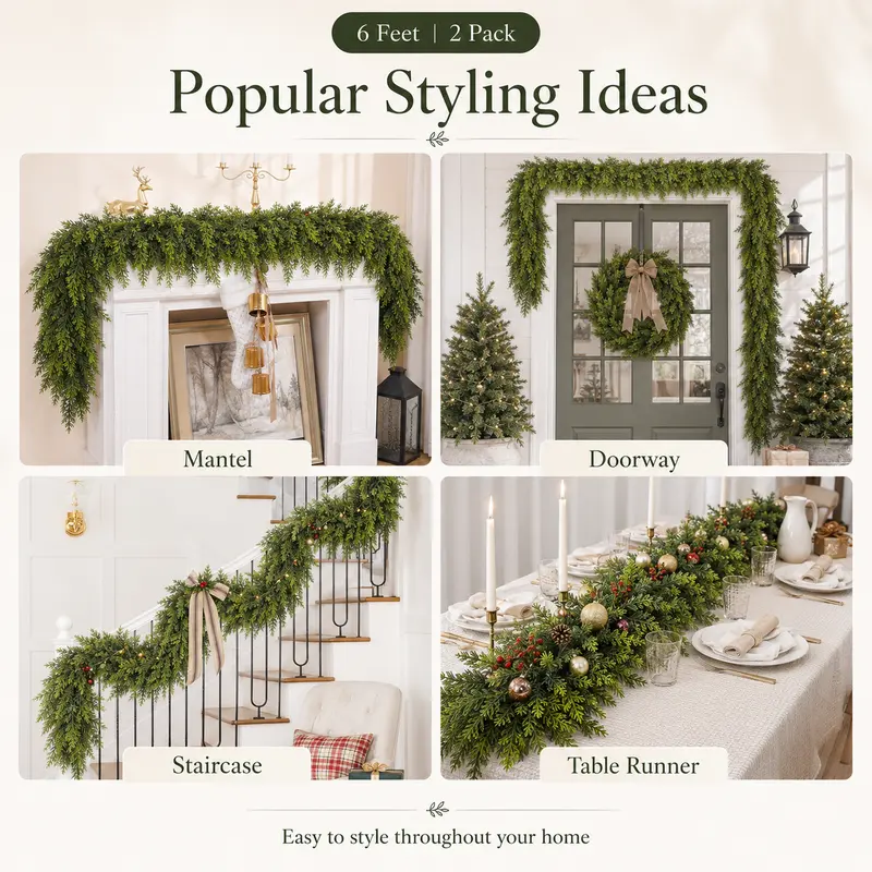 2-Pack 6 FT Real-Touch Artificial Cedar Garlands – Green Pine Greenery for Mantle, Wall & Indoor Outdoor Holiday Decor