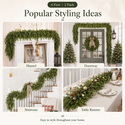 2-Pack 6 FT Real-Touch Artificial Cedar Garlands – Green Pine Greenery for Mantle, Wall & Indoor Outdoor Holiday Decor
