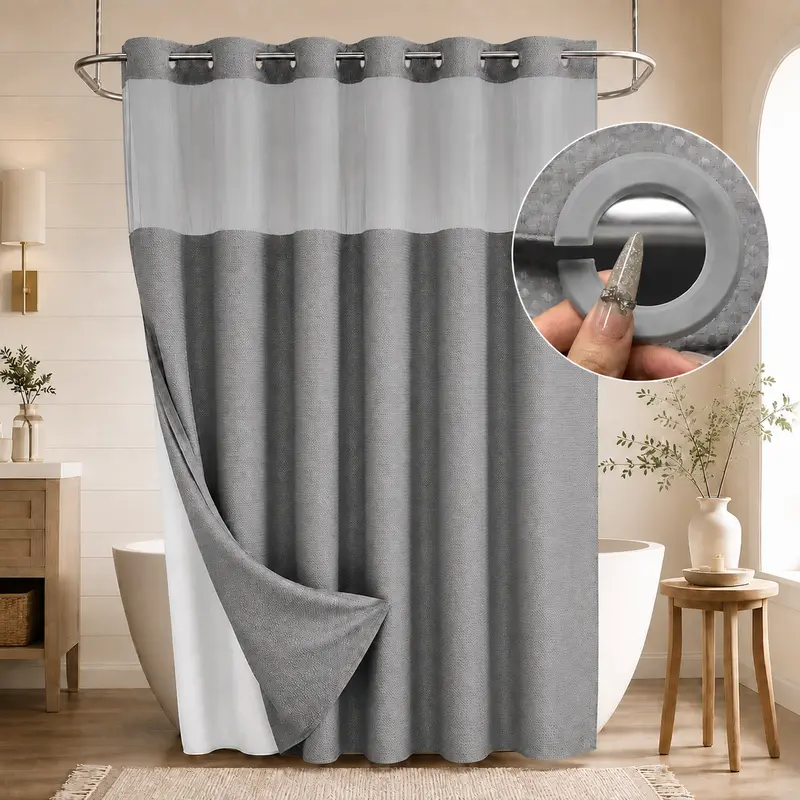 Double-Layer Waffle Shower Curtain – Waterproof Snap-In Liner & Washable White Outer Curtain, 72" × 75"