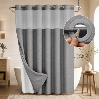 Double-Layer Waffle Shower Curtain – Waterproof Snap-In Liner & Washable White Outer Curtain, 72" × 75"