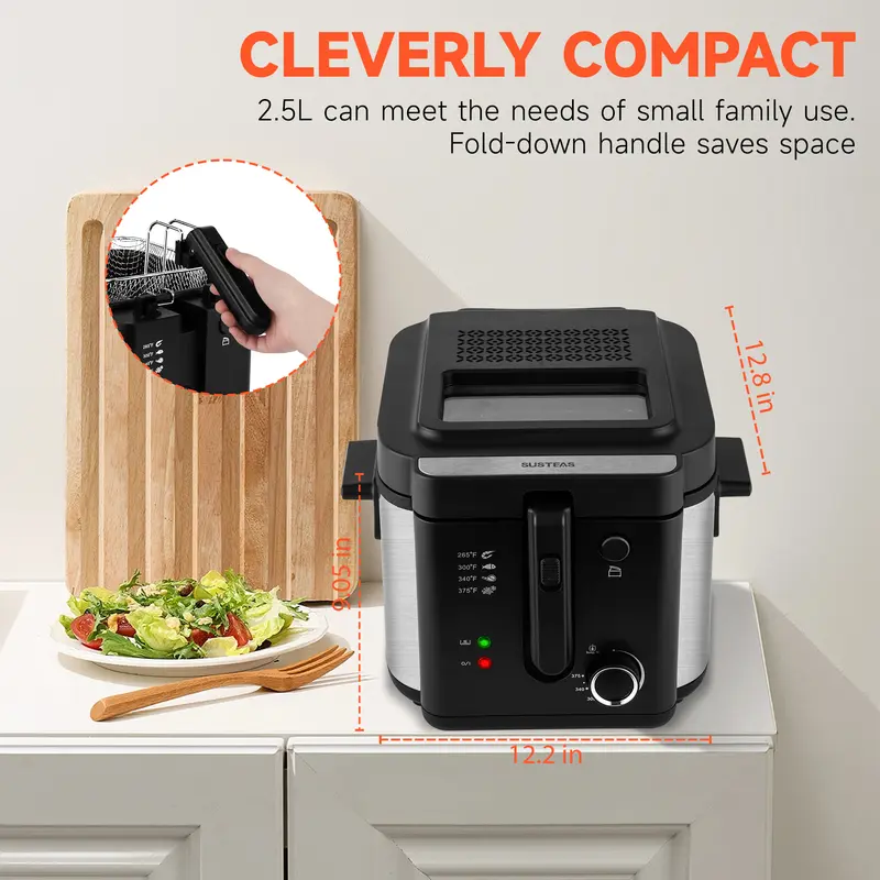 Electric Deep Fryer with Basket – 1500W Compact Fryer with Adjustable Temperature Control, 2.6QT Non-Stick Pot