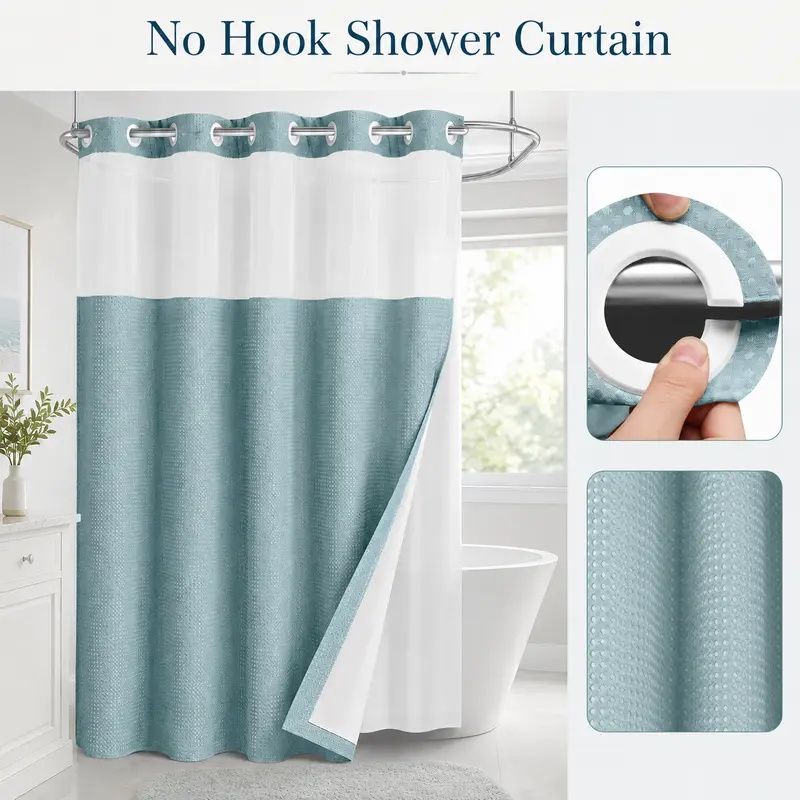 Double-Layer Waffle Shower Curtain – Waterproof Snap-In Liner & Washable White Outer Curtain, 72" × 75"