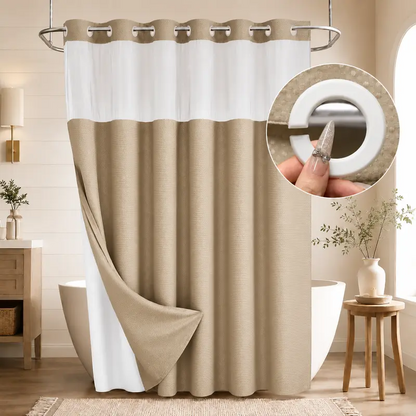 Double-Layer Waffle Shower Curtain – Waterproof Snap-In Liner & Washable White Outer Curtain, 72" × 75"