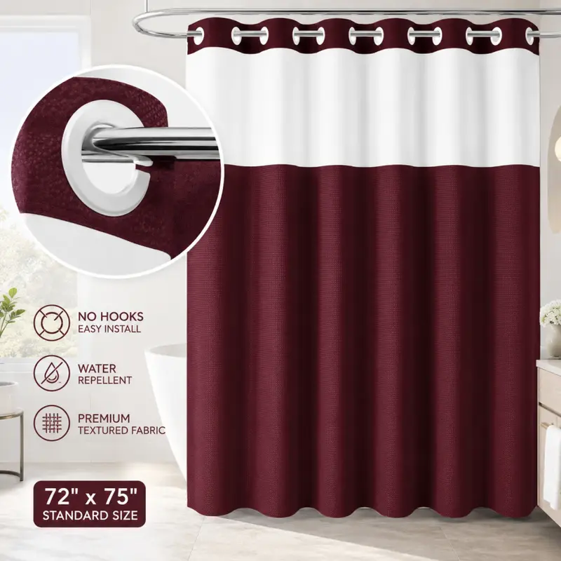 Double-Layer Waffle Shower Curtain – Waterproof Snap-In Liner & Washable White Outer Curtain, 72" × 75"