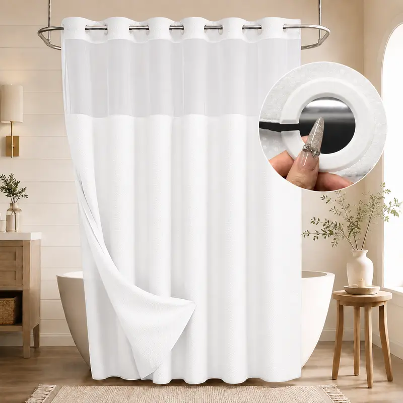 Double-Layer Waffle Shower Curtain – Waterproof Snap-In Liner & Washable White Outer Curtain, 72" × 75"