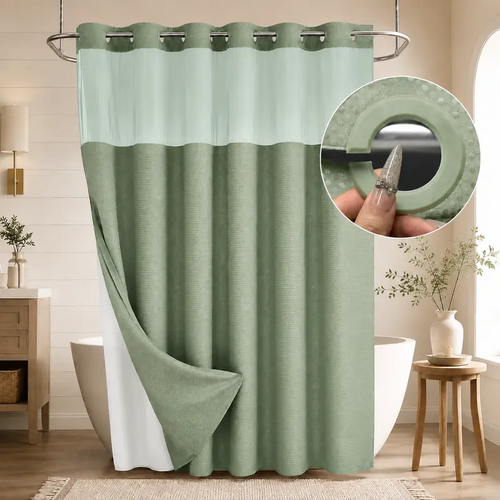Double-Layer Waffle Shower Curtain – Waterproof Snap-In Liner & Washable White Outer Curtain, 72" × 75"
