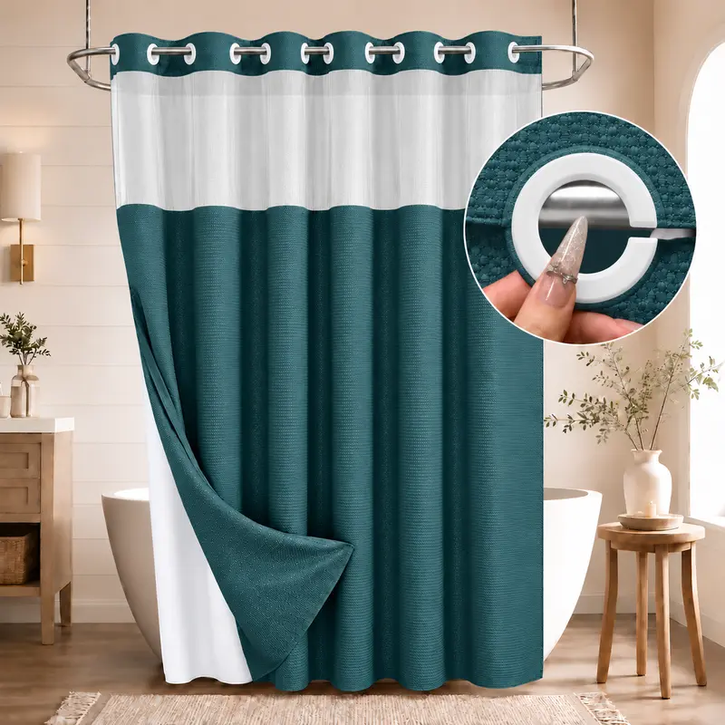 Double-Layer Waffle Shower Curtain – Waterproof Snap-In Liner & Washable White Outer Curtain, 72" × 75"