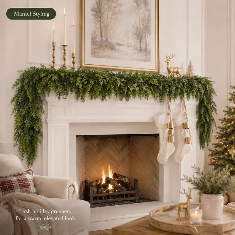 2-Pack 6 FT Real-Touch Artificial Cedar Garlands – Green Pine Greenery for Mantle, Wall & Indoor Outdoor Holiday Decor