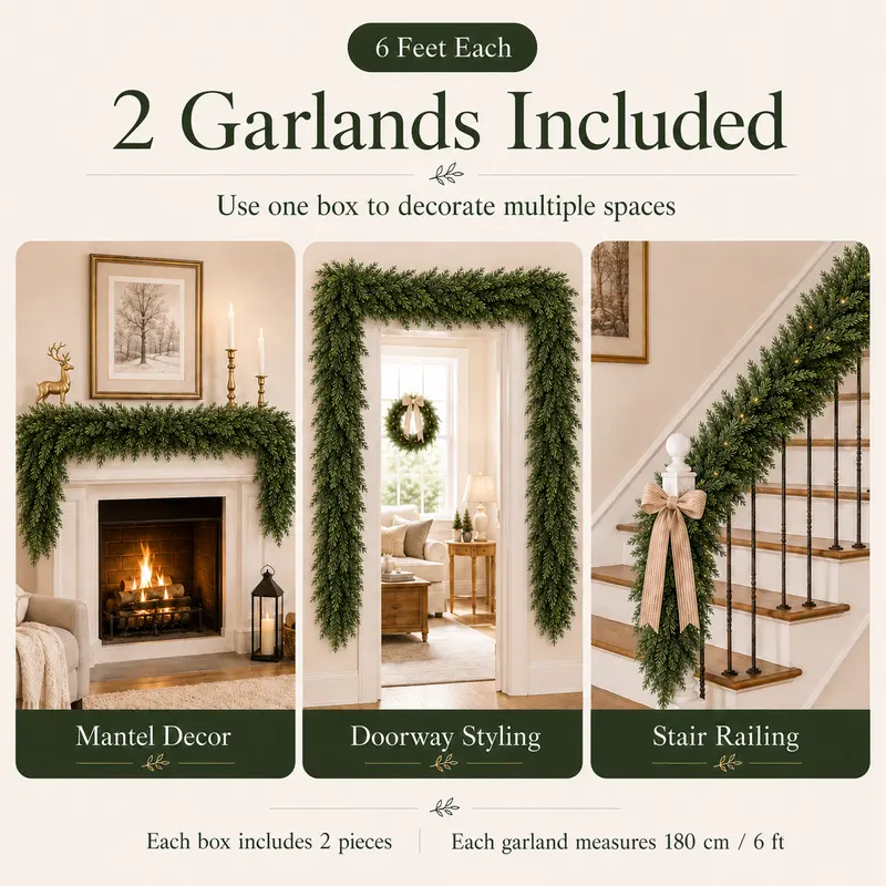 2-Pack 6 FT Real-Touch Artificial Cedar Garlands – Green Pine Greenery for Mantle, Wall & Indoor Outdoor Holiday Decor
