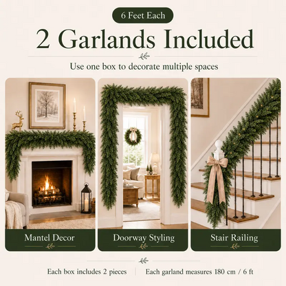 2-Pack 6 FT Real-Touch Artificial Cedar Garlands – Green Pine Greenery for Mantle, Wall & Indoor Outdoor Holiday Decor