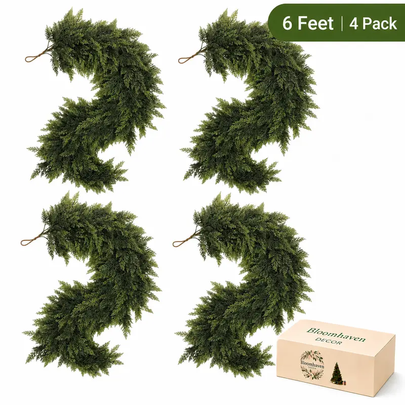 2-Pack 6 FT Real-Touch Artificial Cedar Garlands – Green Pine Greenery for Mantle, Wall & Indoor Outdoor Holiday Decor