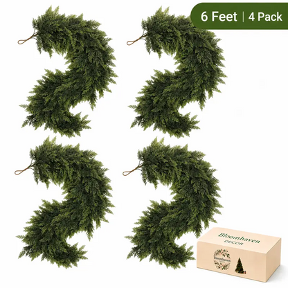 2-Pack 6 FT Real-Touch Artificial Cedar Garlands – Green Pine Greenery for Mantle, Wall & Indoor Outdoor Holiday Decor