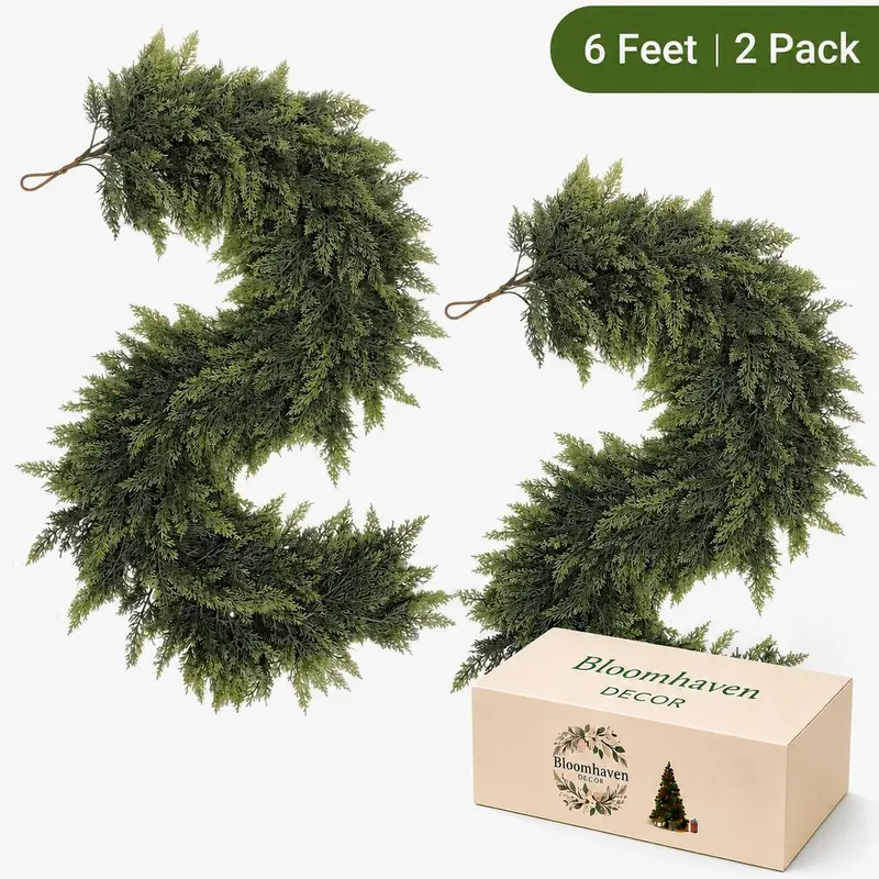 2-Pack 6 FT Real-Touch Artificial Cedar Garlands – Green Pine Greenery for Mantle, Wall & Indoor Outdoor Holiday Decor